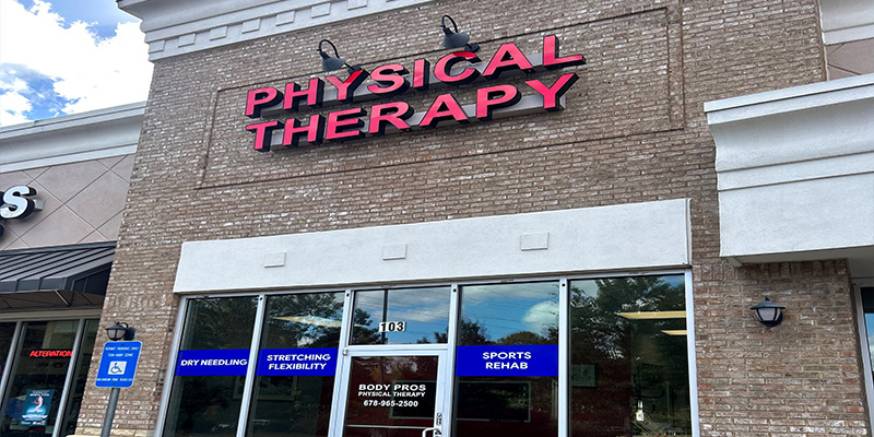 Picture of Body Pros Physical Therapy entrance. 1810 Peachtree Parkway, Ste 103 Cumming, GA 30041